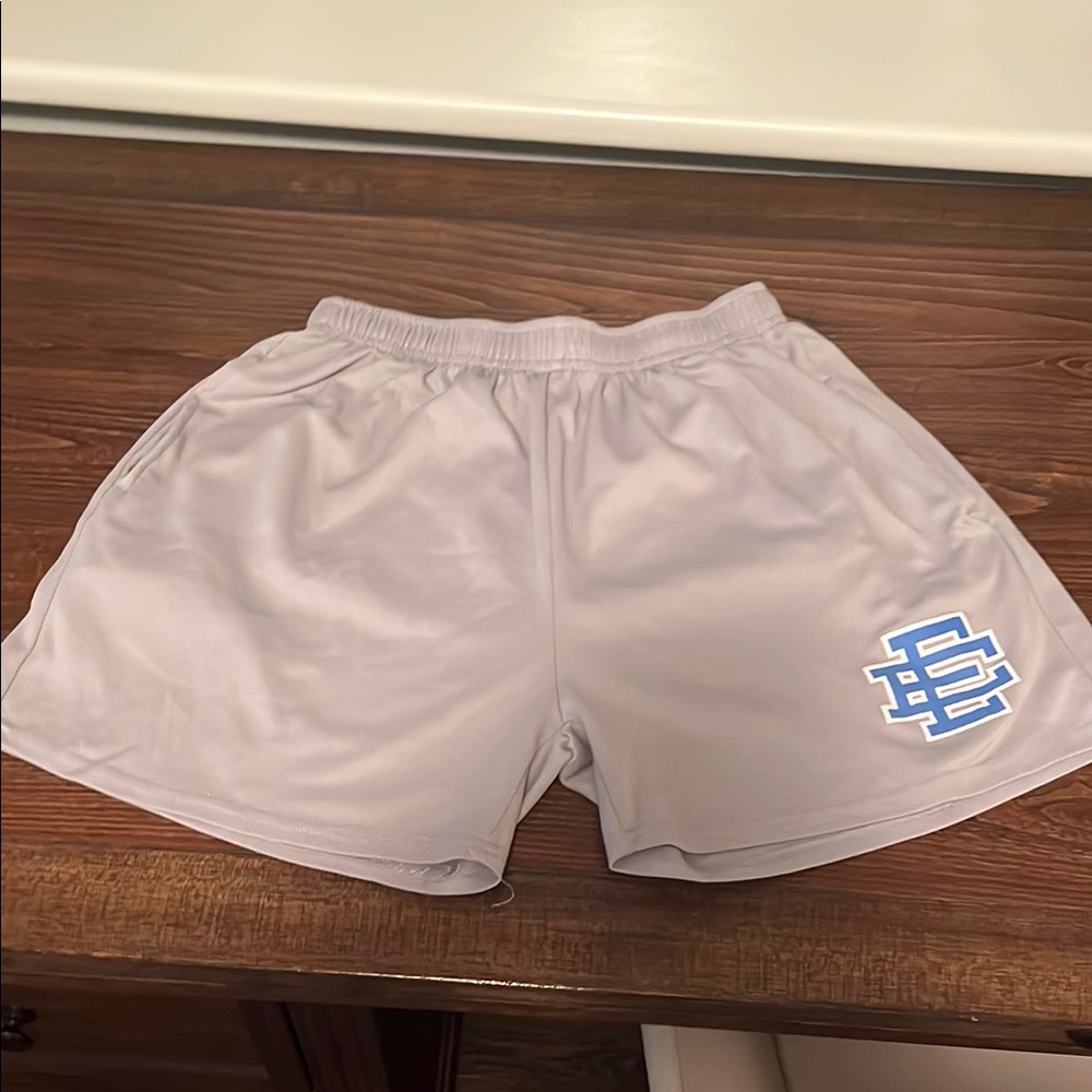 Gray Athletic Shorts with Blue Logo